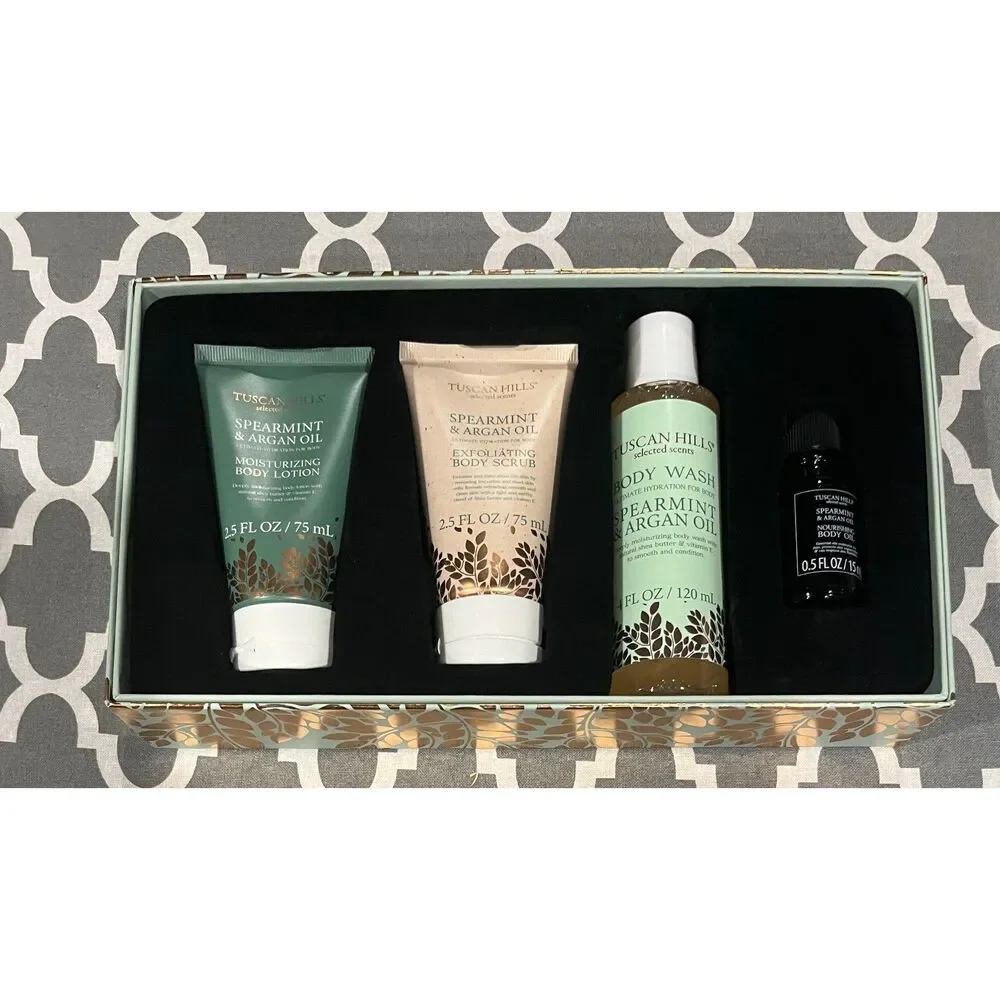 Tuscan Hills 4-Piece Luxury Body Care Gift Set Spearment & Argan Oil New